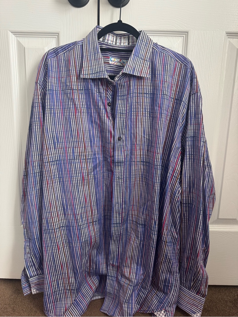 Men's Long-Sleeve Striped Dress Shirt in Blue, White & Red Accents